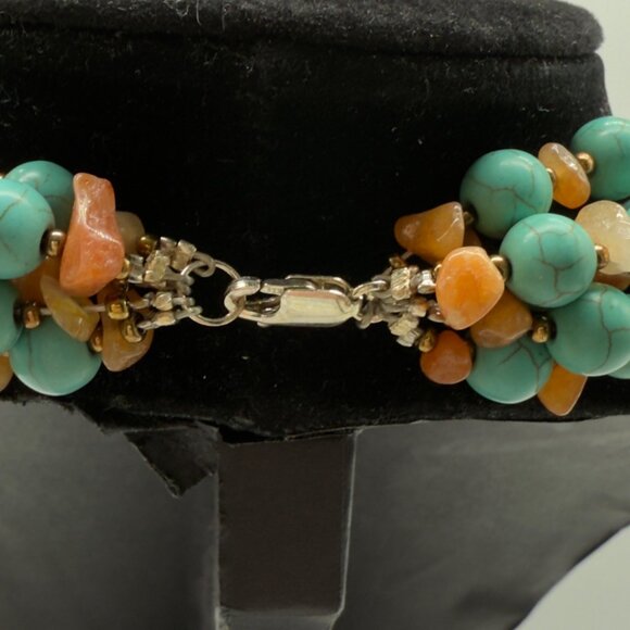 Vtg Multi Strand Beaded Turquoise Red Stone Choker Necklace Sterling Clasp - Picture 6 of 9